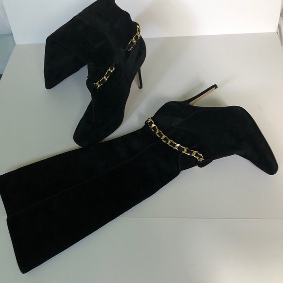 KARL LAGERFELD NWT Black leather suede boots gold chain details SIZE:8.5 - Picture 5 of 7